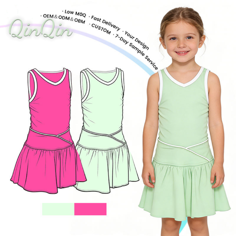 QinQin Girls Athletic Wear Custom Logo Tennis Sports Wearutdoor Running Fitness Solid Yoga Dress Tennis Dress for Kids Girls