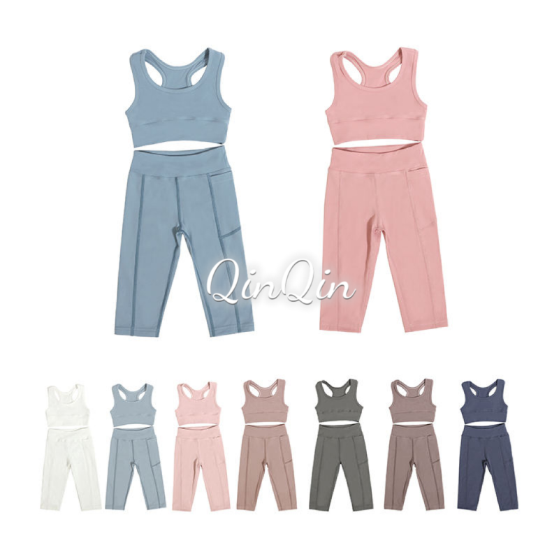 QinQin Wholesale Active Wear Kids Custom Print Size Color Kids Yoga 2pcs Set Fitting Tank Top and High Waist Leggings Sports Wear