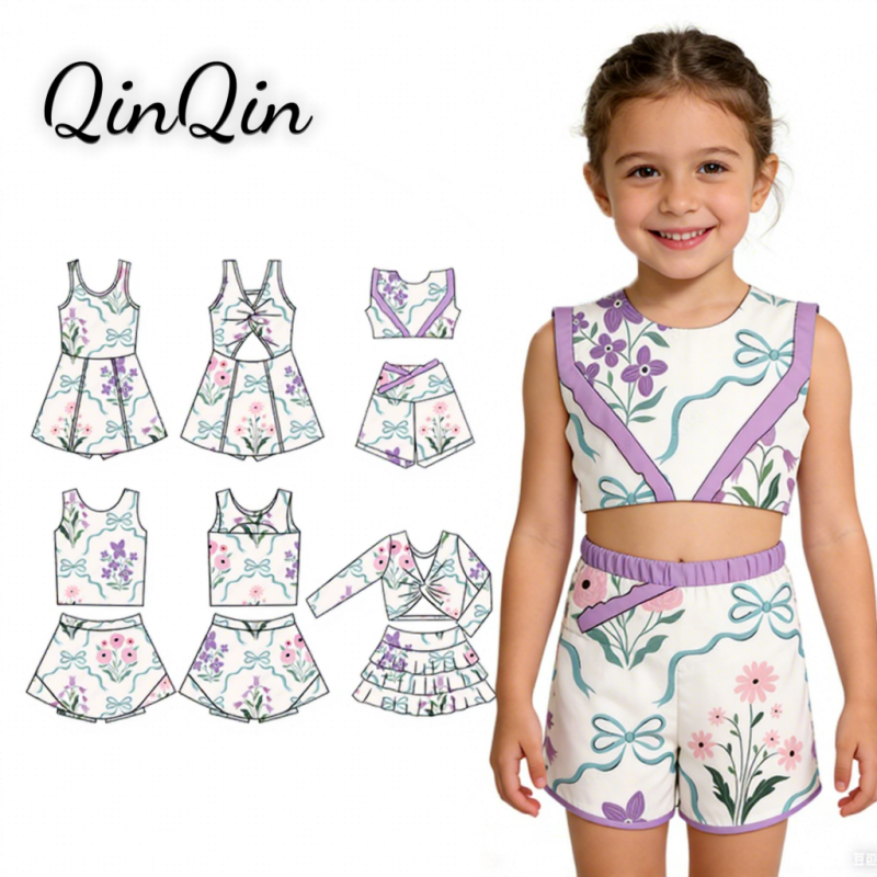 QinQin Girls Athletic Wear Custom Printed Summer Sleeveless Girls Yoga 2 Pieces Sets Custom 2-in-1 Skirts Running Fitness Suit