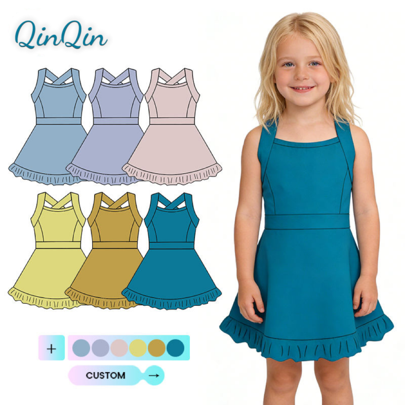QinQin Active Wear Kids Breathable Gym Girls Yoga Solid Ruffle Girls Sports  Dresses Sleeveless Toddlers Sportswear Dress
