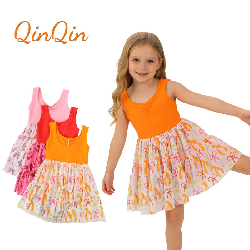 QinQin Girls Sports Custom Logo Kids Activewear Sleeveless Mesh Yoga Dress Twirl Girls Tutu Summer Golf Sports Dress