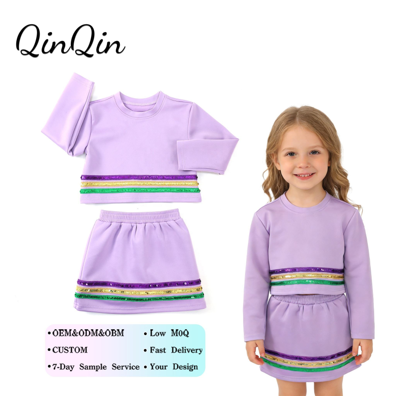 QinQin Custom Girls Athletic Wear Carnival Sequin Skirt Set Casual Purple Green Yellow Stripe Print Outfits Kids Wholesale Set