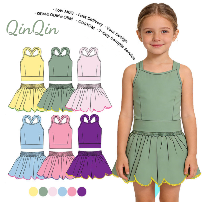 QinQin Custom Girls Sports Fashion Sportswear Sleeveless Tank Top and Skirt with Embroidery and Built in Shorts