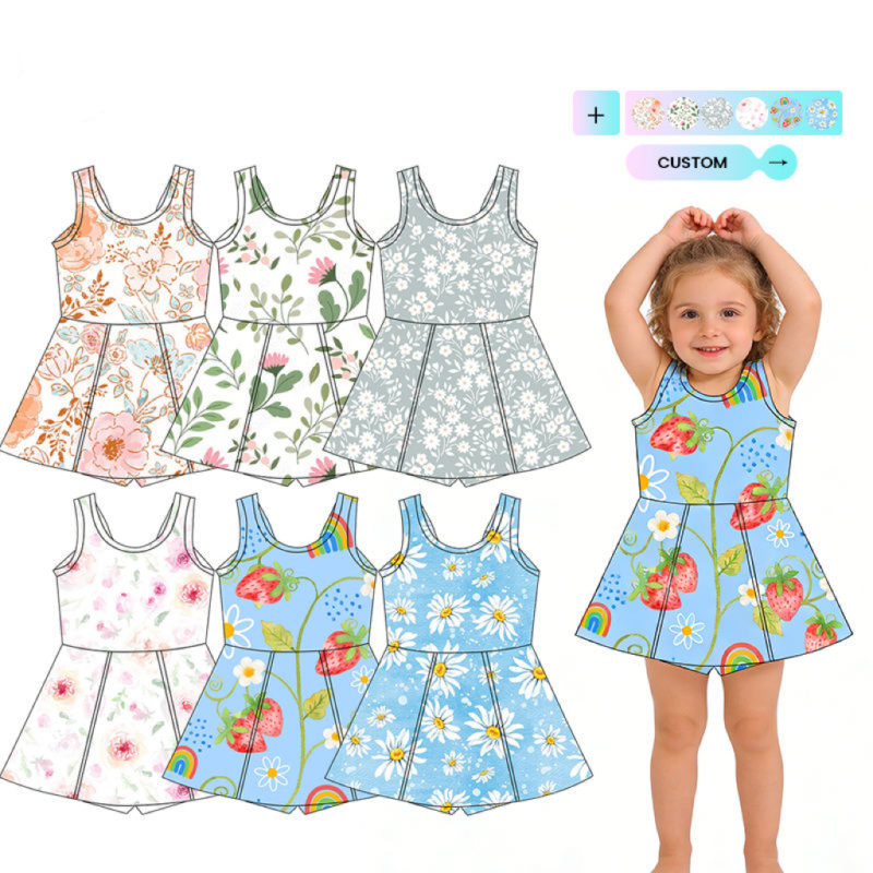 QinQin Active Wear Kids Sportswear Baby Girls Custom Workout Yoga Dress Baby Kids Gym Sleeveless Custom Prints Tennis Dress