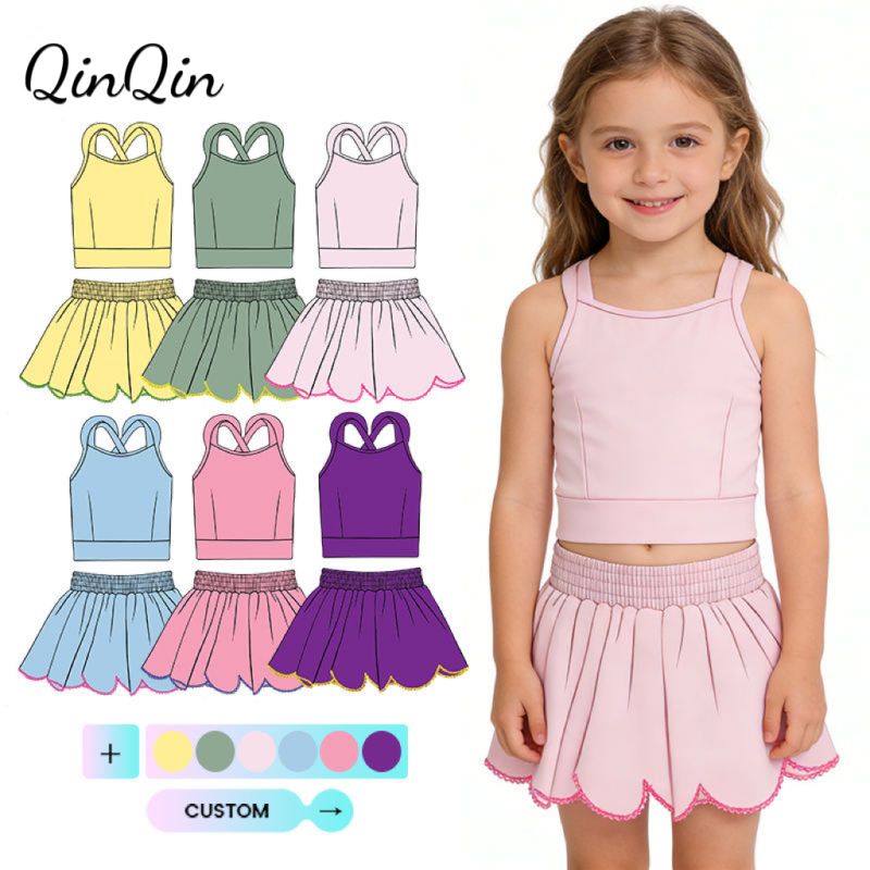 QinQin Girls Athletic Wear Summer Yoga Set High Stretch Cross Sleeveless Top Skirt Built in Shorts Yoga Fitness Set