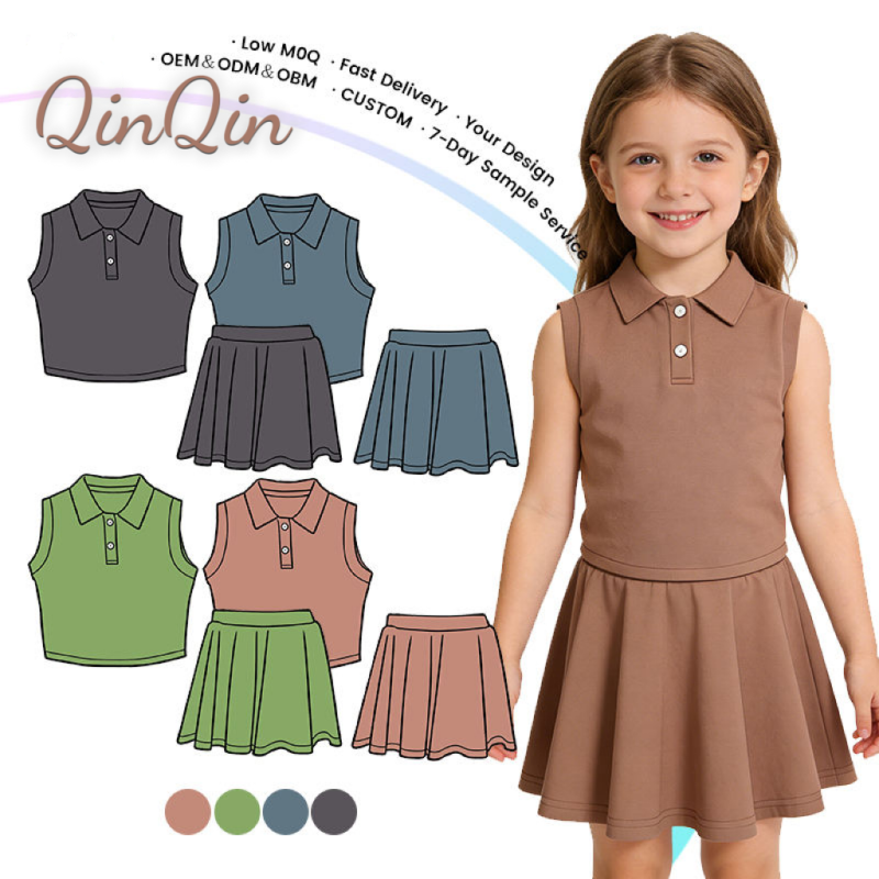 QinQin Active Wear Kids Collar Sleeveless Girls Athletic Skort Custom Colours Toddler Girls Dress with Skorts Set