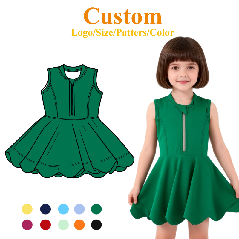 QinQin High Quality Yoga Dress Boutique Style Zip up Sleeveless Dress Kids Girl Fitness Clothing