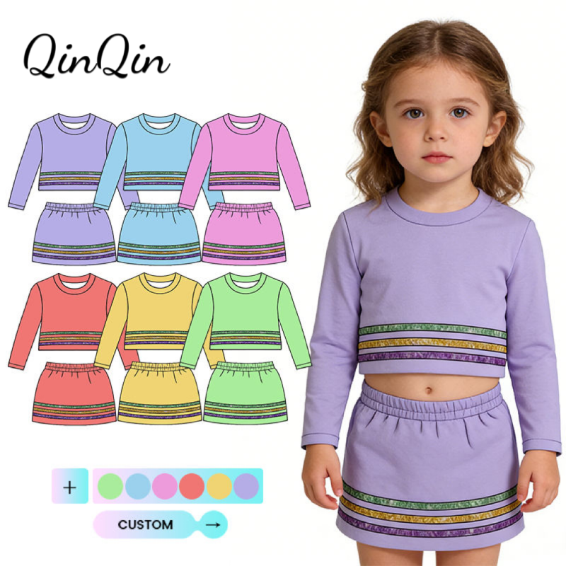 QinQin Girls Tennis Yoga Set Long Sleeve Top Skirt Striped Colorful Design Custom Logo Size New Carnival Kids Girls Sports Set