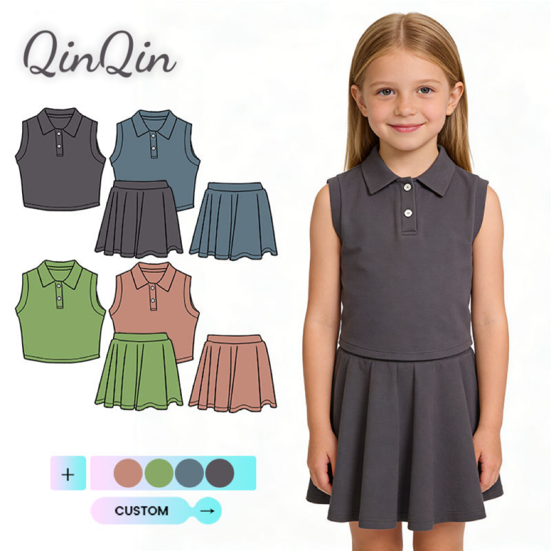 QinQin Girls Sports Summer 2026 Kids Clothing Set Polo Collar T Shirts Yoga Two Piece Outfits Tennis Skort Sets