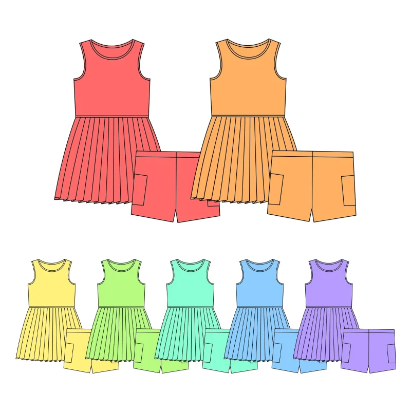 Girl's Summer Tennis Outfit Custom Logo Pleated Tank Dresses Quick Dry Breathable Yoga Dress with Pocket Shorts