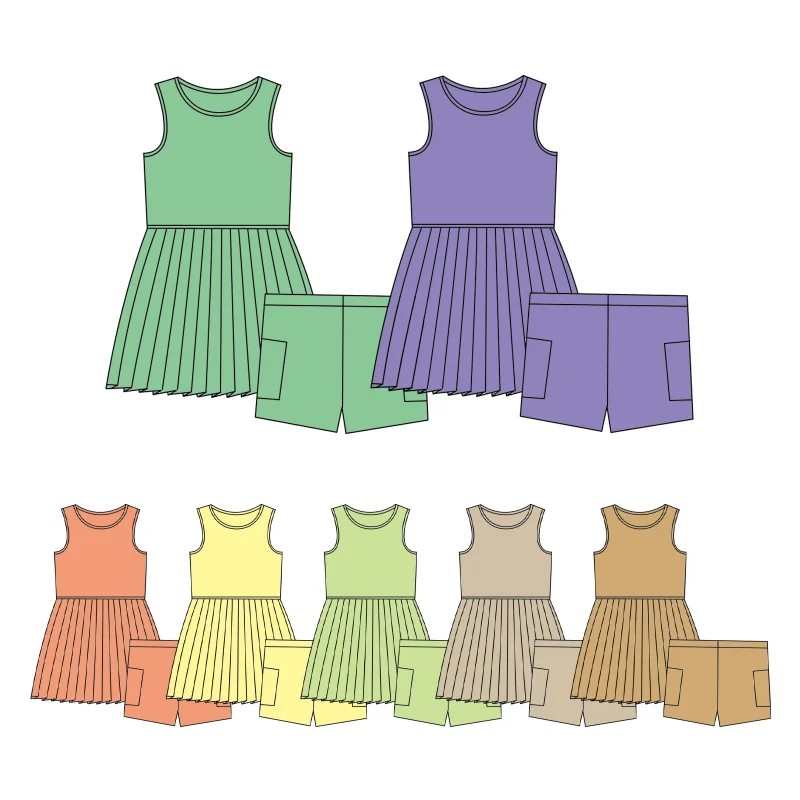 Custom Girls Two-Piece Set Solid Color Sleeveless Tank Dresses Pleated Casual Short Outfits for Baby Girls