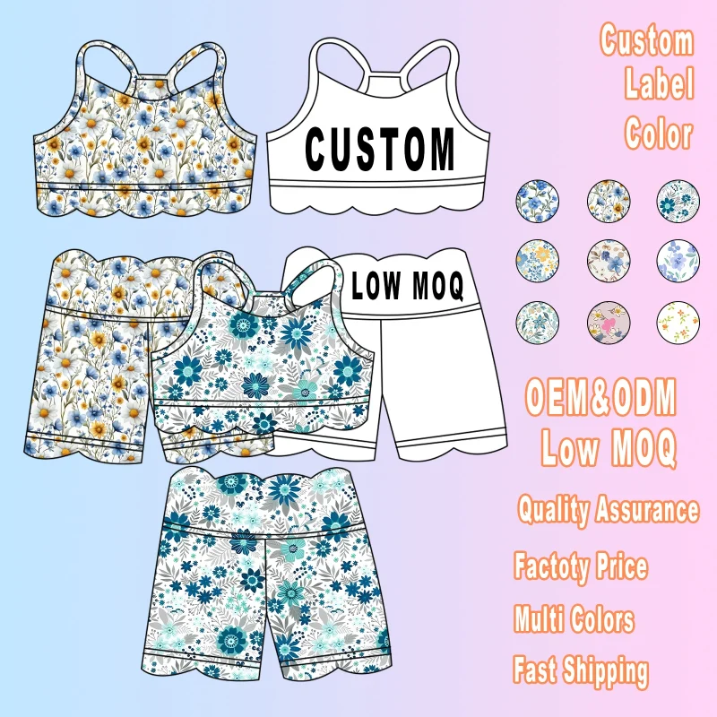 Wholesale Kids Girls Casual Clothing Set Sleeveless Floral Tank Top with Shorts Print Pattern Outfit Quick Dry Yoga Set