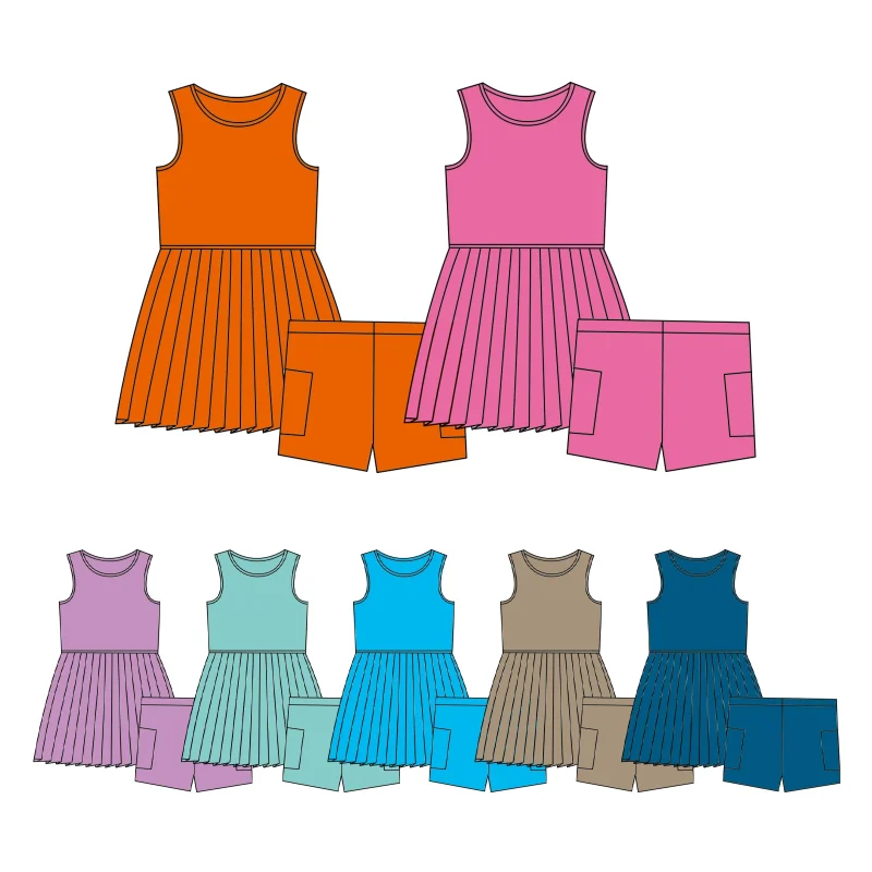 New Design Baby Girl Sportswear Pleated Yoga Dresses with Shorts Pockets Casual Summer Clothes Breathable for Children