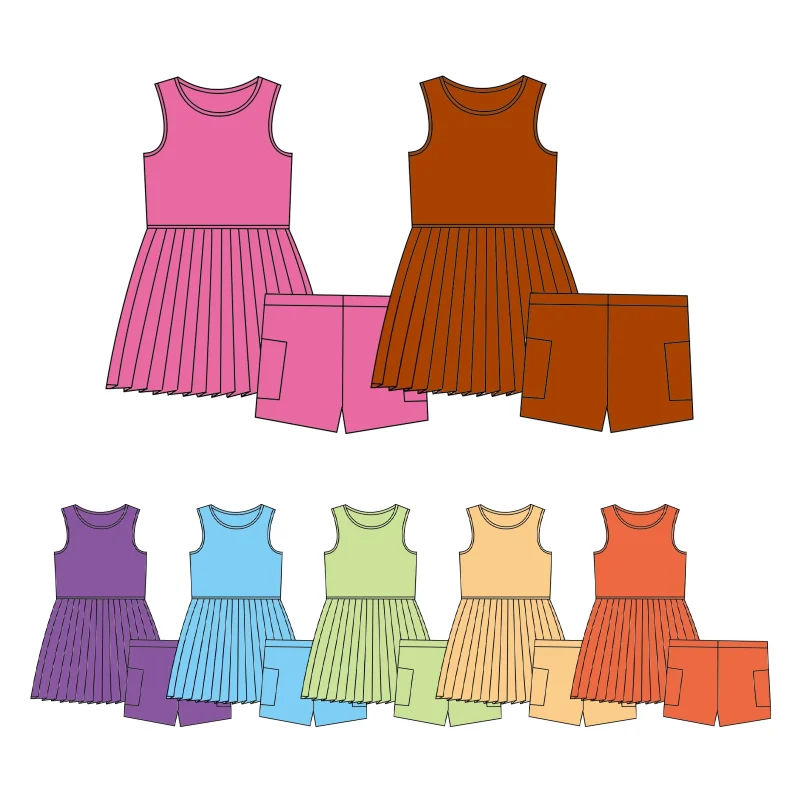 Summer Wholesale Children's Formal Activewear Girl Clothing Sets Solid Color Pleated Tank Dresses With Pocket Shorts