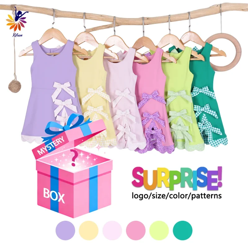 Girls Sweet Sporty Yoga Dress Mystery Box Sleeveless Side Multiple Bows Built-In Shorts Girls Summer Dresses