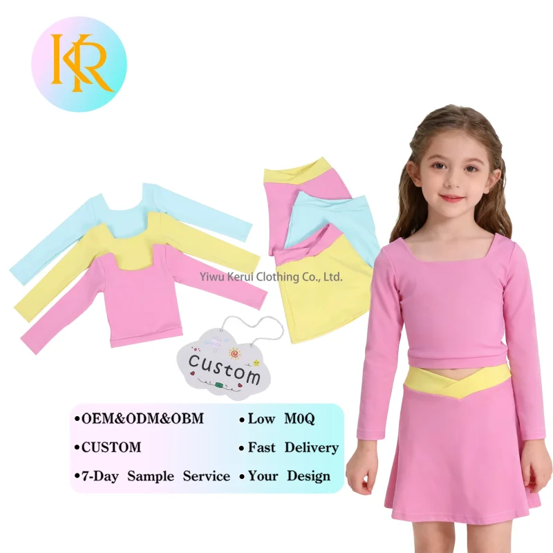 Kerui Active Wear Kids Yoga Sportswear Gym Clothing  Girls Sports Candy Colored Long Sleeved Tops and Shorts Nylon Suits