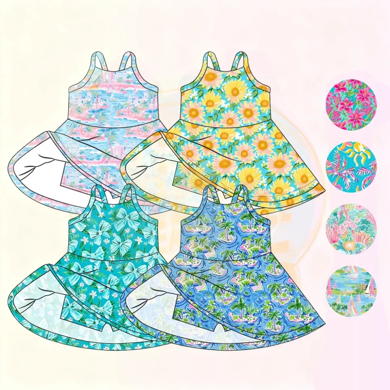 KERUI 2025 Athletic Yoga Dress Girl Fitness Clothing High-Waisted Strap Printed Yoga Dress With Shorts Tennis Outfits for Girls