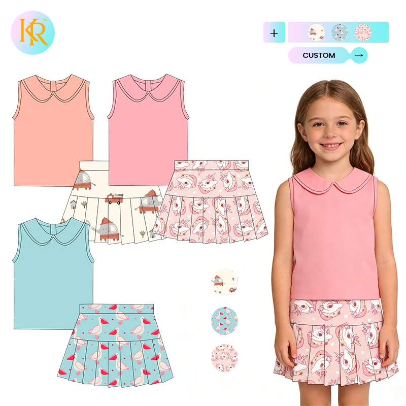 Kerui Custom Girls Athletic Wear Matching Tennis Set Toddler Girls Summer Collared Sleeveless Vest Printed Tennis Skirt Set
