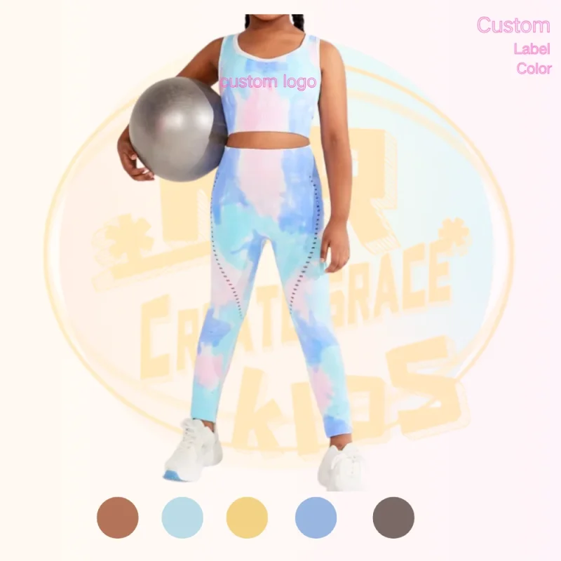 Customise Dyeing 6-14 Years Little Girls Yoga Clothing Scrunch Leggings and Bra Set for Workout Sports