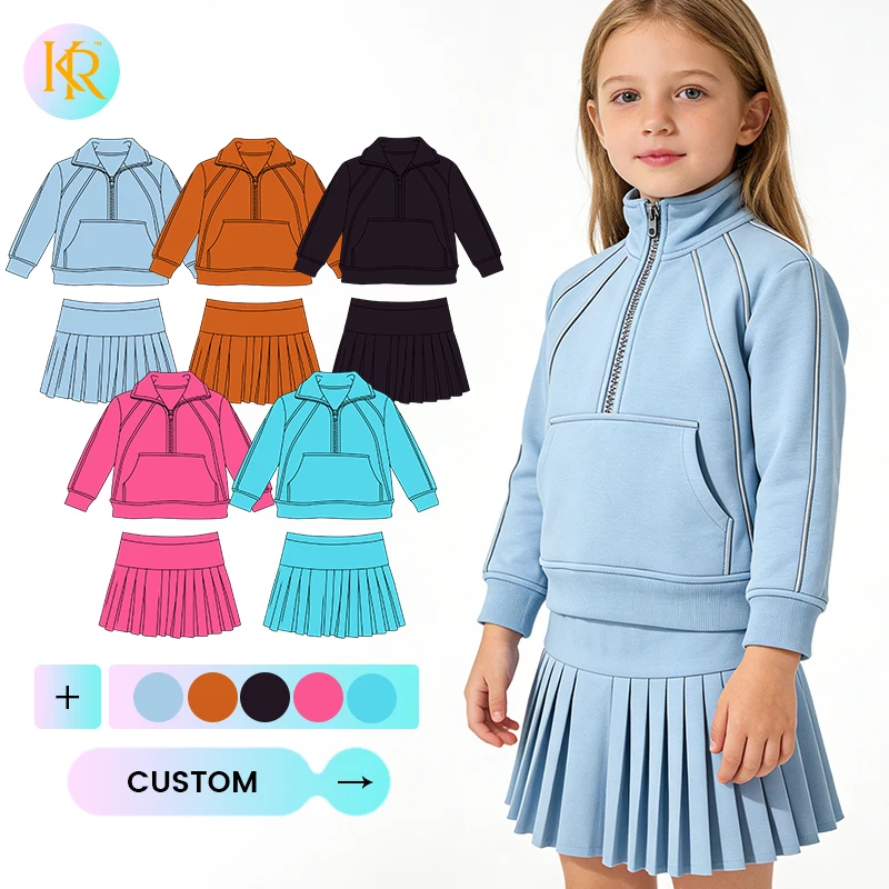 Kerui New Style Girls Sports Girls Yoga Set Spring Long Sleeve 1/2 Zip Pullover With Pockets Pleated Skirt Built in Shorts