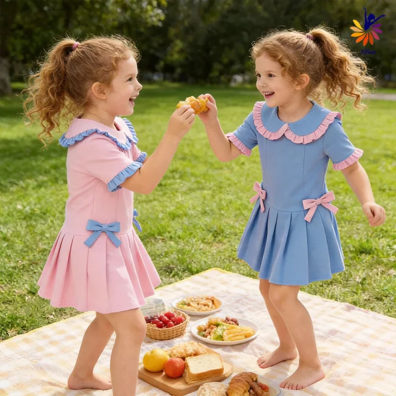 Girls Yoga Dress Short Sleeve Bowknot Lace Lapel Built-in Shorts Outdoor Small Batch Custom Wear