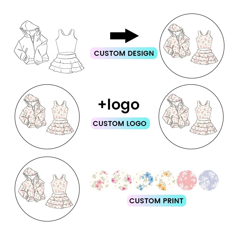 Kerui Girls Sports Preorder Custom Sports Kids Toddler Yoga Athletic 3pcs Hooded Zip Tops with Skirt Baby Outfits Upf 50+ Sets - Image 3