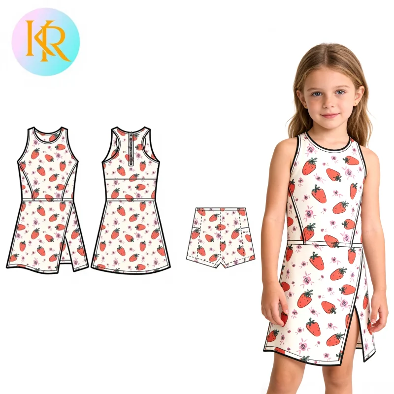 Kerui Girls Sports Yoga Sleeveless Collared Dress Fitted Built in Shorts Side Slit Girls Summer Yoga Dresses