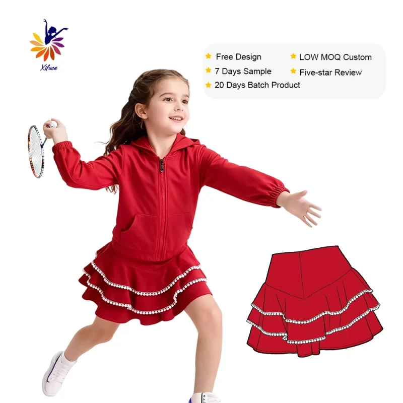 Girls Active Casual Yoga Skirt Multi Layer Hem Lace Trim Built-in Shorts Custom Size