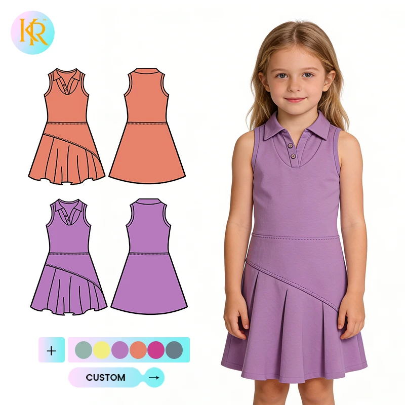 Kerui Girls Sports Yoga Sleeveless Collared Dress Sleeveless Tennis Dress Custom Colors Lapel Unique Design Knee High Yoga Dress