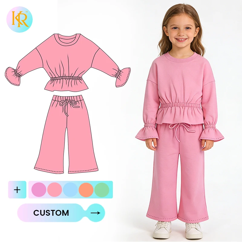 Kerui OEM ODM  Girls Active Wear Kids Solid Hoodie Set Long Sleeve Bloom Waist Yoga Fabric Loose Pants Low MOQ Casual Outfit