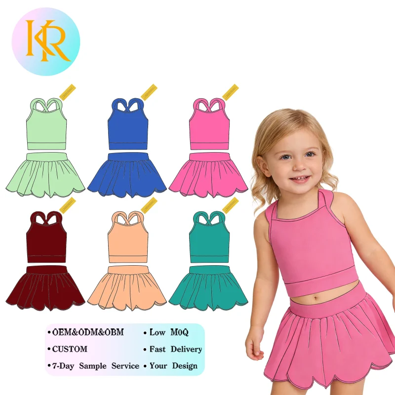 Kerui Girls OEM ODM Athletic Wear Summer Yoga Set High Stretch Cross Sleeveless Top Skirt Built in Shorts Custom Logo Yoga Sets