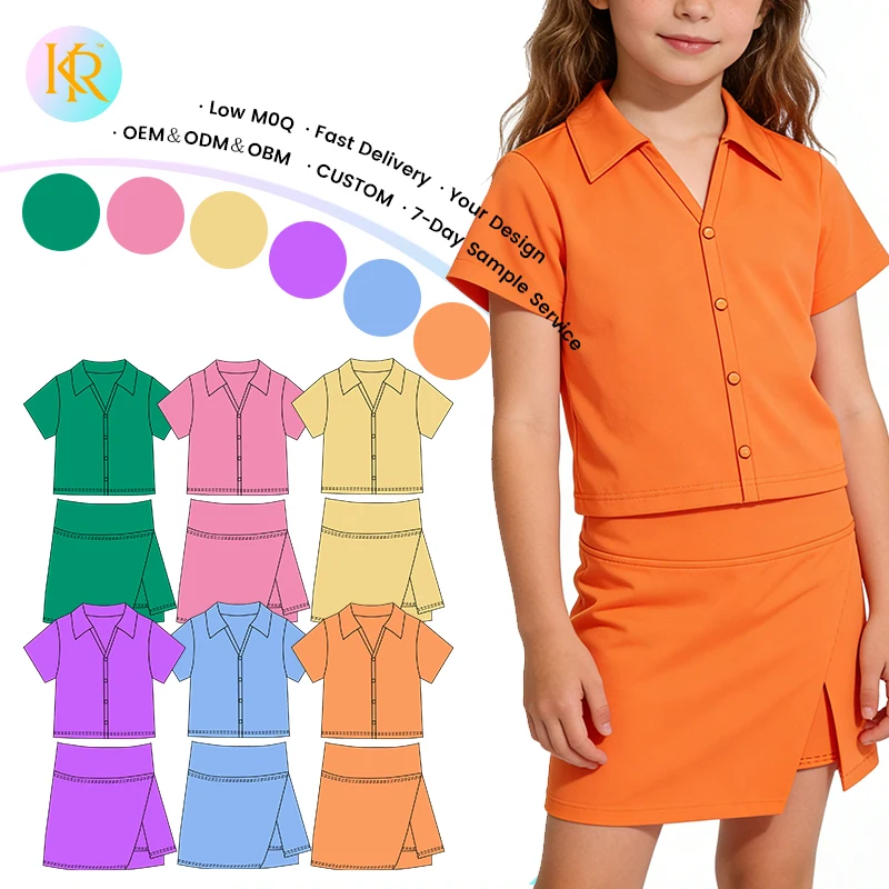 Kerui Little Girls Tennis Sets Sports Solid Colours Two Piece Sets Girls Athletic POLO Collar Short Sleeved Skirt Clothing Sets