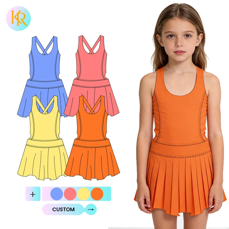 Kerui Girls Yoga Tank Dress Sleeveless with Pleated Hem Solid Color Custom Design Your Color and Logo