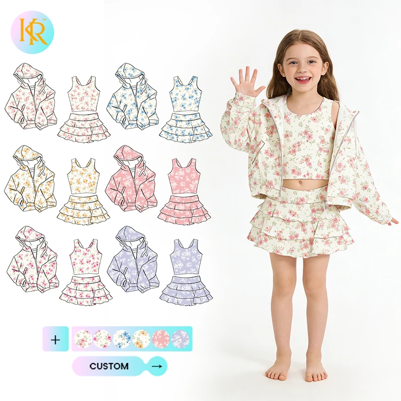 Kerui Girls Sports Preorder Custom Sports Kids Toddler Yoga Athletic 3pcs Hooded  Zip Tops with Skirt Baby Outfits Upf 50+ Sets