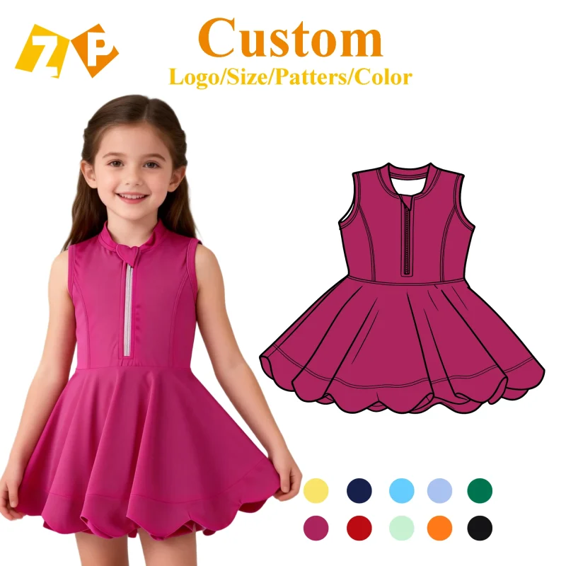 Zhengpai  Little Girls Sports Yoga Wear Solid Color  Girls Clothes Sleeveless Zip Dress Wholesale Sister Kids Clothing