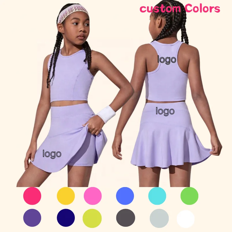 New Arrival Solid Color Kids Sports Clothes Two Pieces Girl Yoga Dress Set Sport Bar Top Skirt Yoga Sets for Kids - Image 2