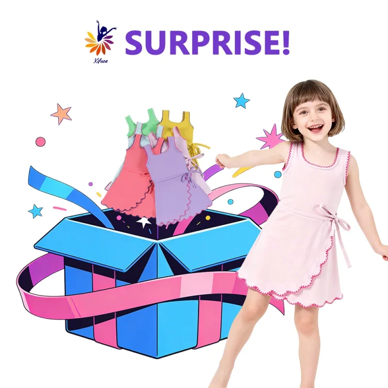 Girls Active Casual Yoga Dress Hot Style Mystery Box Slim Fit Side Bow Embroidery Hem Built-in Shorts