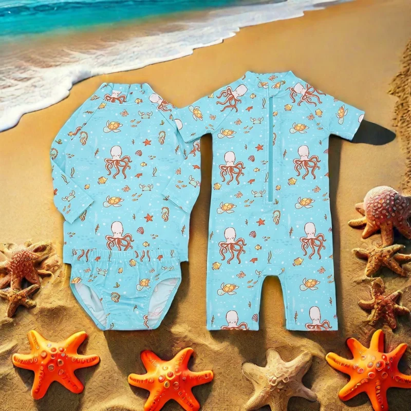 New Arrive 2pcs Summer Time Boys' Swimwear Long Sleeve Floral Bathing Suit with Print Age Group Kids' Clothing for Beach Wearing