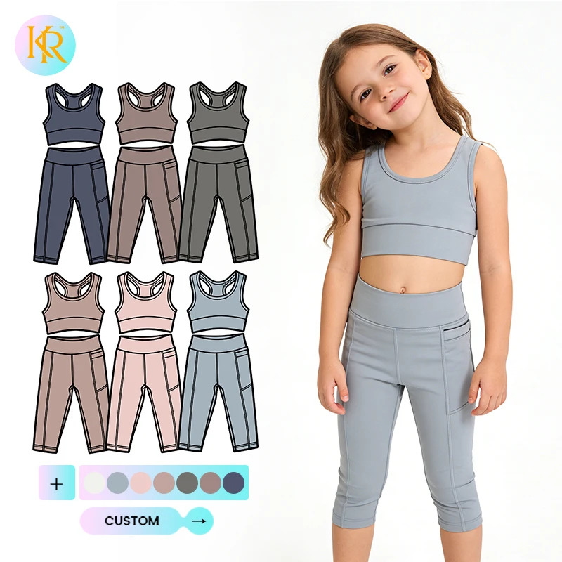 Kerui Wholesale Active Wear Kids Custom Print Size Color Kids Yoga 2pcs Set Fitting Tank Top and High Waist Leggings Sports Wear