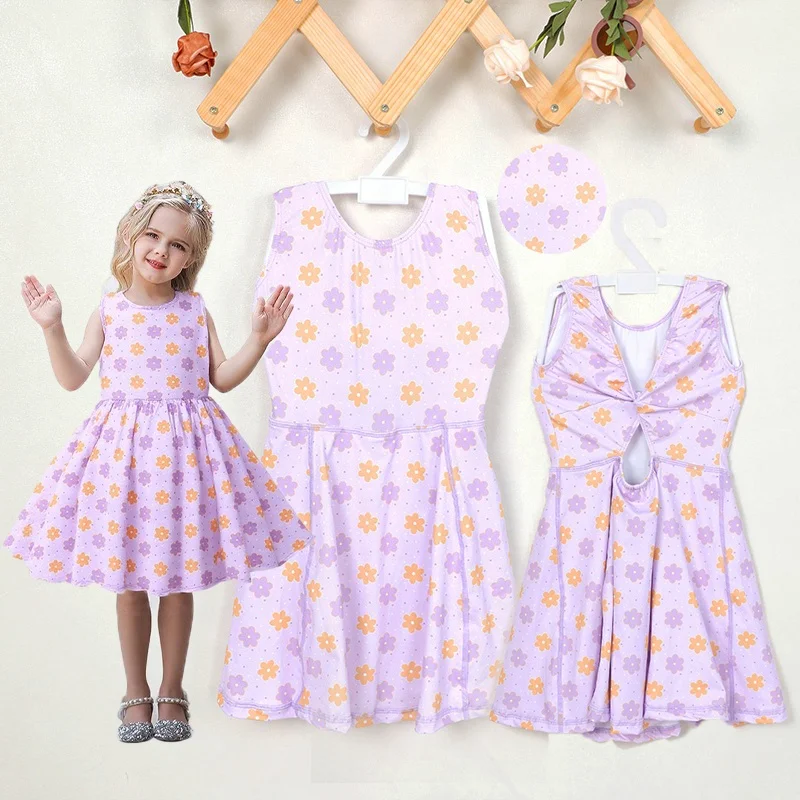 KERUI Toddler Girls Summer Yoga Dress Custom Active Wear Kids Girls Tennis Dress Girls Sports Sleeveless Nylon Printed Dress