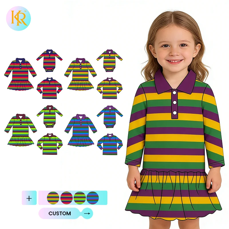Kerui Boys Girls Mardi Gras Polo Dress Clothing Set Baby Rompers Active Wear Kids Shirts Matching Stripe Boutique Outfit