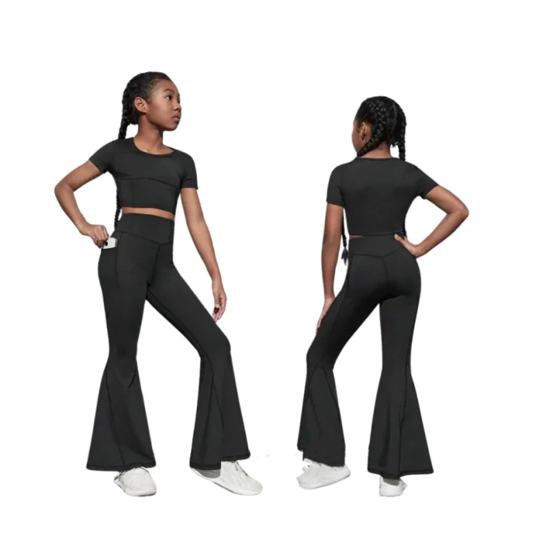 2024 Custom Kids Girls 2 Piece Active Clothing Fitness & Yoga Wear Sports Top Short Sleeve T-Shirt and Leggings Sets