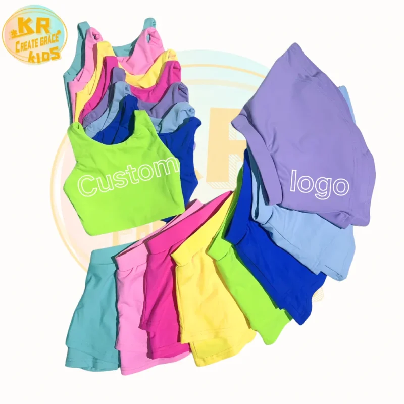 New Arrival Nylon Spandex Youth Girls Yoga Activewear Hollow Children Athletic Boutique Clothing Set Tennis Skirt Outfit