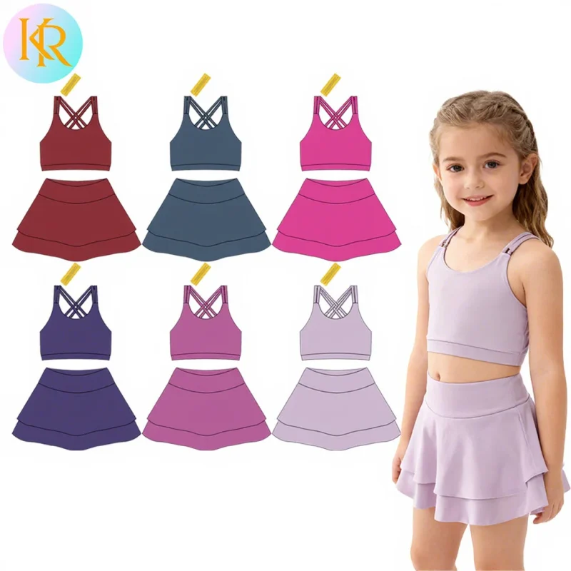 Kerui Professional Kids Girl Sports Bra Activewear Dress Set with Unique Design Four-Way Stretch Fitness Yoga Top Breathable