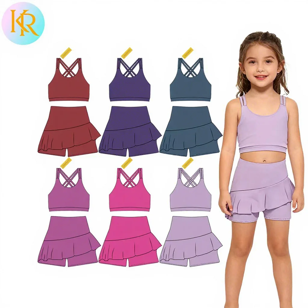 Padded kids yoga bras in bulk for wholesale, offering comfortable, quality activewear designed for young yogis and fitness retailers.