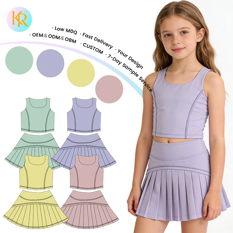 Kerui OEM Elastic Crop Tops Pleated Skirt Kids Clothing Manufacturers Fitness Clothes Children Gym Fitness & Yoga Sports Wear