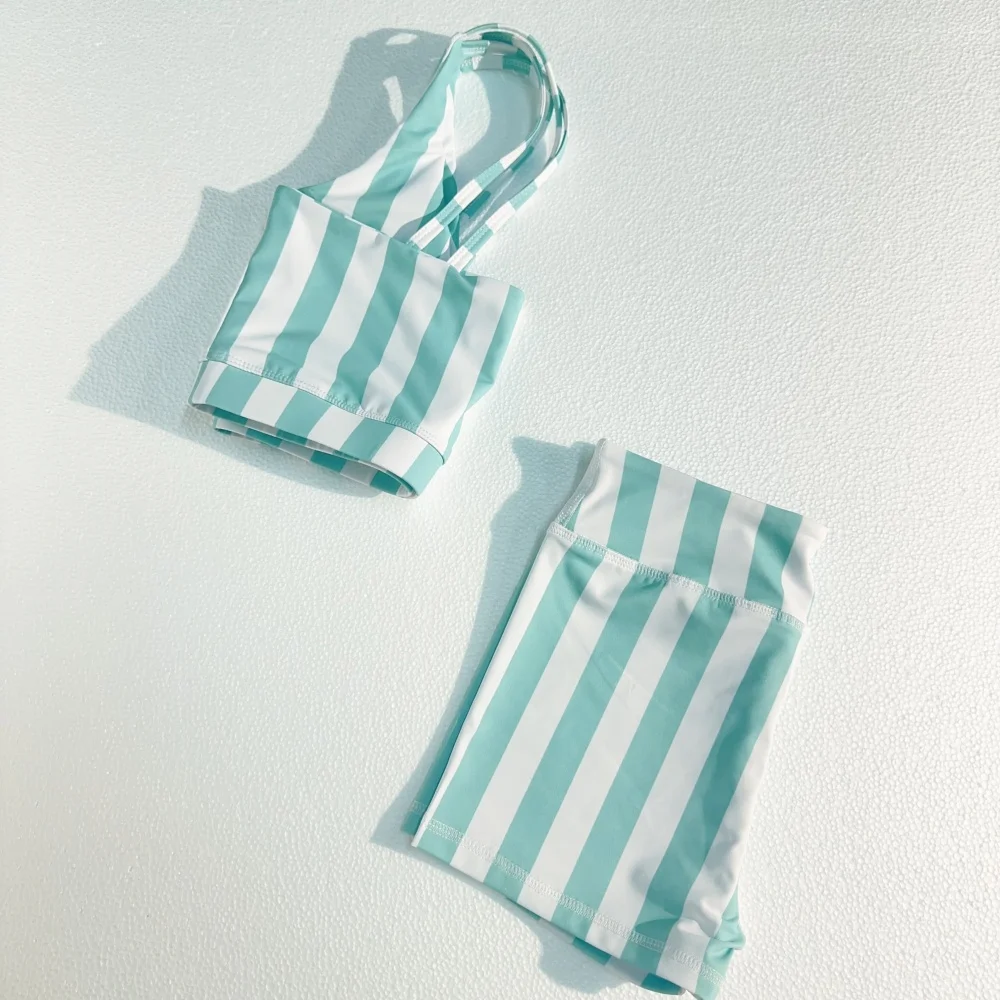 Customized OEM Summer Style Stripes Pattern Print Milk Silk Clothing Set Backless Top Sports Biker Shorts Kids Girls Outfits - Image 4