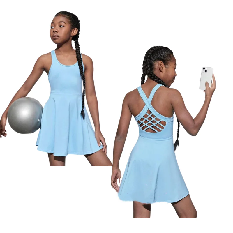 New Arrival Solid Color Kids Sports Clothes Two Pieces Girl Yoga Dress Set Sport Bar Top Skirt Yoga Sets for Kids