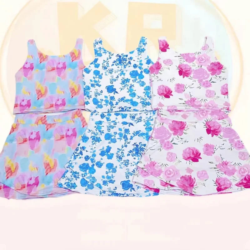 Custom Floral Baby Girl Yoga Set-Nylon/Spandex High-Elastic Quick Dry & Breathable Tennis Dress for Kids Sports Workout Clothing