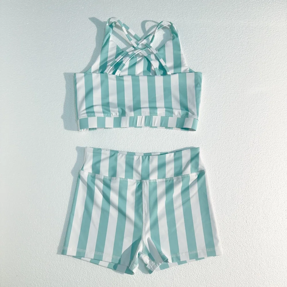 Customized OEM Summer Style Stripes Pattern Print Milk Silk Clothing Set Backless Top Sports Biker Shorts Kids Girls Outfits - Image 2